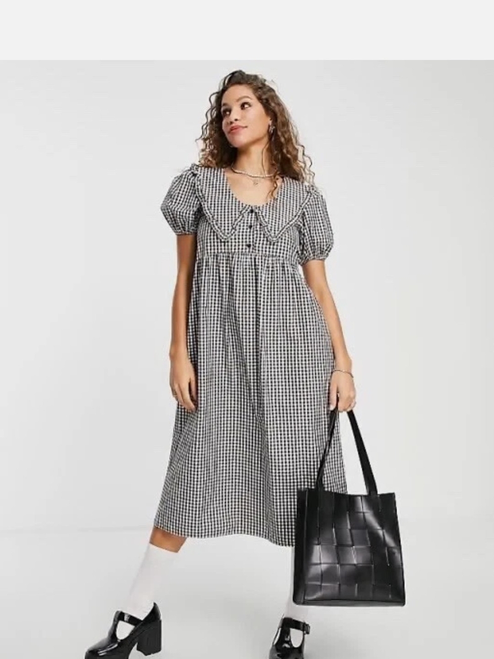 Topshop Black & White Gingham Midi Dress with Ruffle Collar